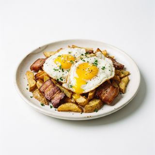 Huevos Camperos Larraz con sus Patatas y Tocino de Irurtzun