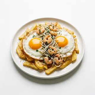 Huevos rotos con gulas y gambas