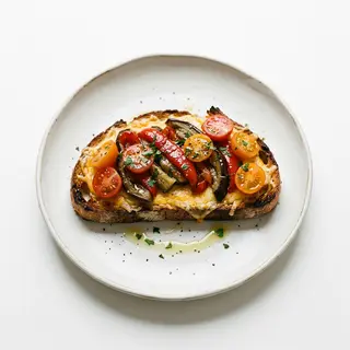 Torrada De Queso Cheddar, escalivada y tomate cherry