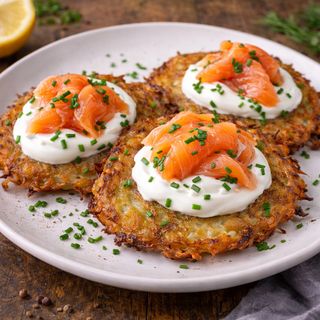 Placki ziemniaczane ze śmietaną i wędzonym łososiem