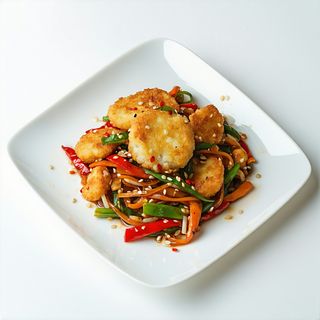 342. Nian Gao frito con CHop Suey de verduras