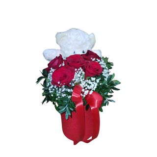 Box sa crvenim  ružama 5 i medo