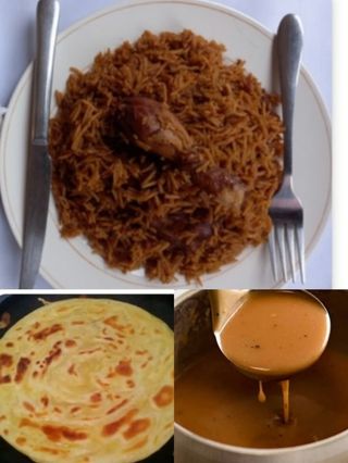 Chicken pilau, a chapati and gravy 