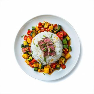 Riso con verdure miste e vitello