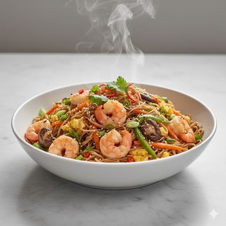 70 - Spaghetti di riso con gamberi, verdura e uova