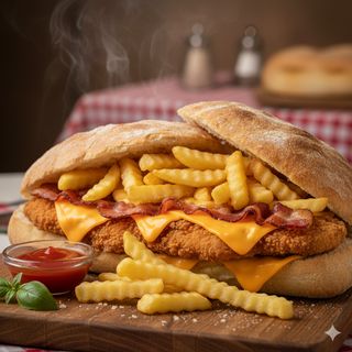 Cotoletta di pollo, cheddar, bacon e patatine