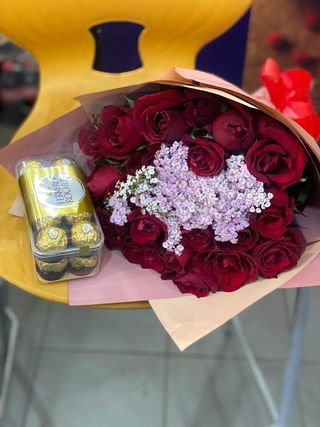 Love's Enchantment: Red Roses and Gypsophila with Ferrero T16Chocolates