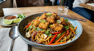 Noodles cu piept de pui crispy
