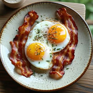 Jajka smażone na bekonie z pieczywem i masłem