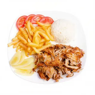 Plato de ternera con arroz y patatas
