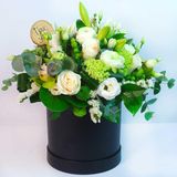 Cutie (1401)neagra mixt din trandafiri, orhidee, eustoma, hypericum si verdeata decorativa