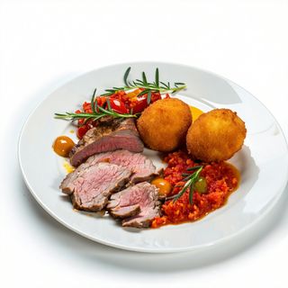 Lacón A La Plancha, Dos Croquetas De Jamón Y Tomate Triturado.