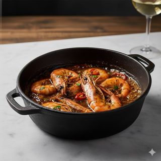 Ración de gambas con ajillo en bandeja quemada