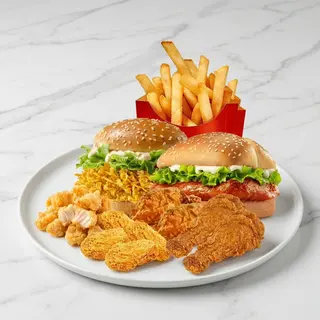 2 Hamburger,  2 Thighs, 2 Drumsticks, 4 Drumettes, 4 Wings and Fries