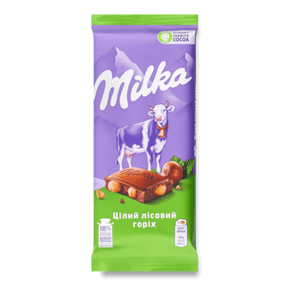 Шоколад молочний Milka з цілим лісовим горіхом (90г)