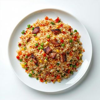 Riso saltato con carne affumicata e verdure misto piccante