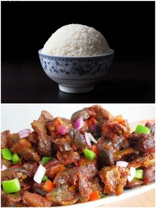 1 kg dry fried goat's meat with white rice 
