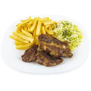 Ceafa de porc cu cartofi wedges/prajiti,chifla si salata de varza
