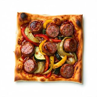 Salsicce di maiale con verdure ripassate e focaccia