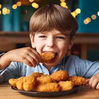 Nuggetsy z kurczaka, mini frytki z ketchupem, soczek, zabawka 