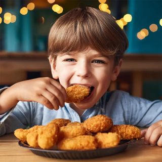 Nuggetsy z kurczaka, mini frytki z ketchupem, soczek, zabawka 