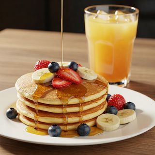 combo:2 pancakes proteici con sciroppo acero e frutta fresca + bevanda