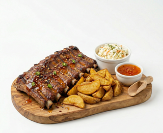 Coastă de porc gătită cu cartof crocant, chilli dulce și coleslaw