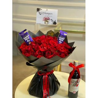 Red Roses Bouqet, Chocolates And Wine