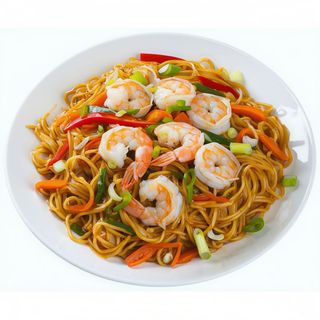 Tallarines Fideo Cristal, Langostino, Huevo y Verduras