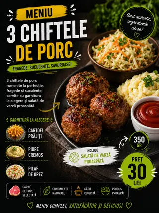 Meniu 3 chiftele de porc + garnitura la alegere si salata de varza