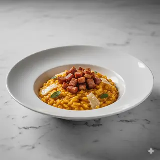 Risotto con crema di zucca, capocollo crispy e gocce di caciocavallo