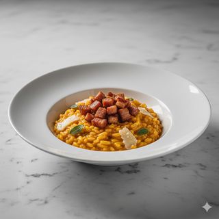 Risotto con crema di zucca, capocollo crispy e gocce di caciocavallo
