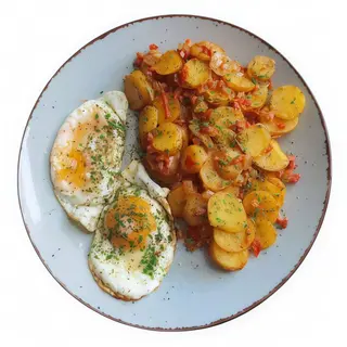 Huevos payeses fritos con patatas y escalivada