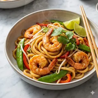 Spaghetti saltati con gamberi e verdura