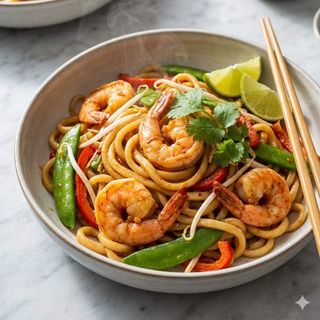 Spaghetti saltati con gamberi e verdura