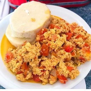 Two piece boiled yam + Egg sauce with diced sausages