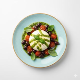 Burrata con pesto, olive taggiasche e pomodorini