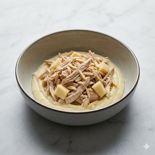 Sfilacci di pollo cotto a bassa temperatura, mandorle e caciocavallo