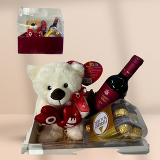 Caja sorpresa con osito, vino y bombones