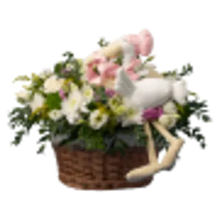 Cesta de flores alusiva a nascimento com Cegonha - Menina
