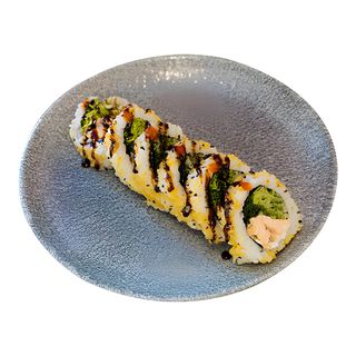 Uramaki pieczony łosoś teriyaki w chrupkach z tempury