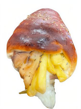 Barchetta con porchetta,  mozzarella  e patatine