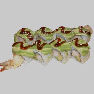 Uramaki langostino tempura, aguacate y salsa 