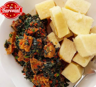 Boiled Yam + Vegetable sauce+ Ugba