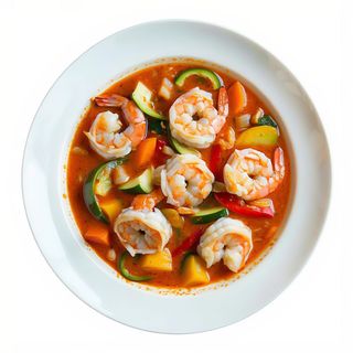 95-Langostinos Con Verduras En Leche De Coco Al Curry Rojo Thai