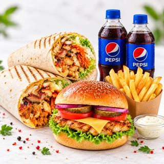 2 Kebab + 1 Chessburger de pui + cartof pai  + sos + 2 pepsi 0.5