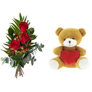 TRES ROSAS COLOR ROJO MAS PELUCHE OSO CON CORAZÓN