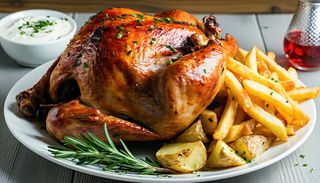 Pollo allo spiedo intero con patate al forno e fritte