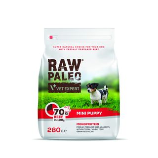 Hrana uscata caini, Raw Paleo Mini Puppy, 70% carne de vita, 280 g