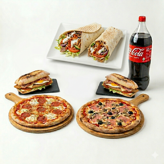 Menú 2 rollos + 2 camperos + 2 pizzas (medianas) + bebida (2 lt.)